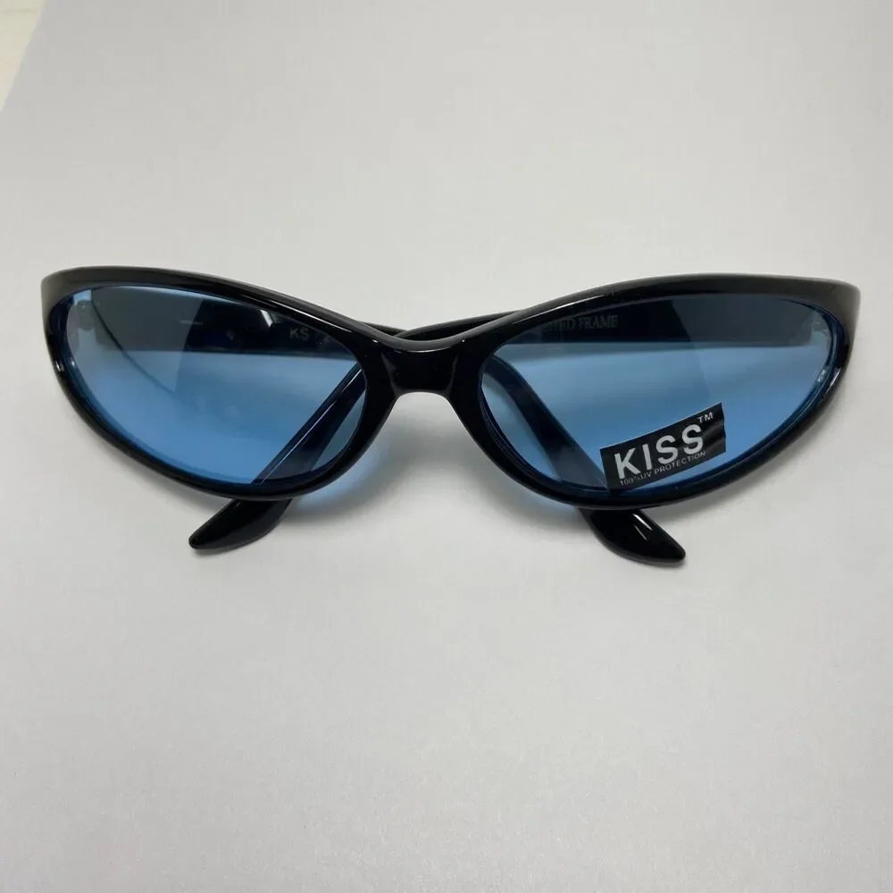 Kiss Womens Classic Black Blue Lens Cat Eye Sunglasses Hand Polished Frames